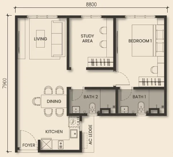 MONterra Type B 649 sqft floor plan layout