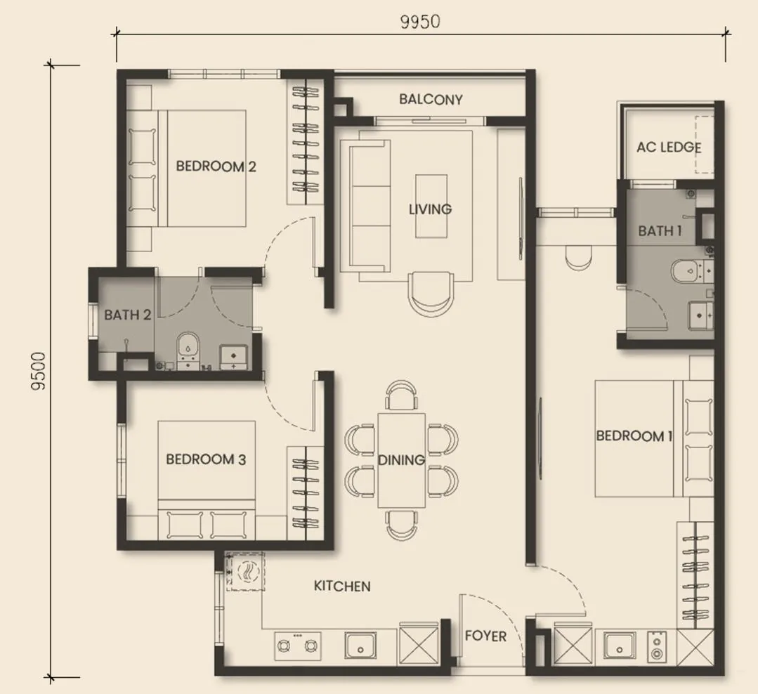 MONterra Type D 903 sqft 3 bedroom dual key floor plan layout
